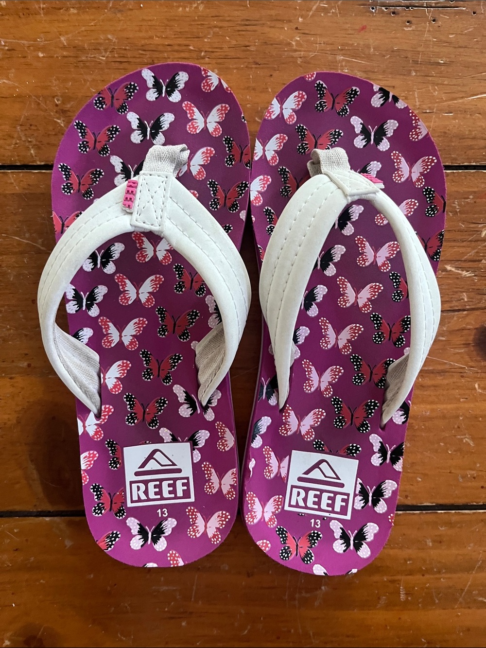 Reef Kids Purple Butterfly Flip Flops with White Straps